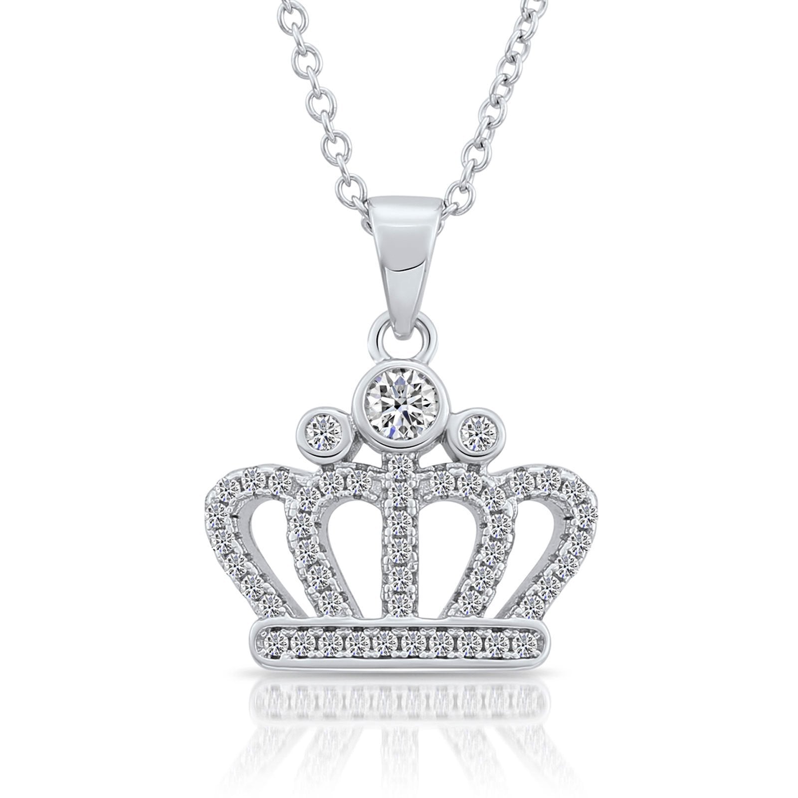 Sterling Silver Royal Crown Charm Necklace with Cz