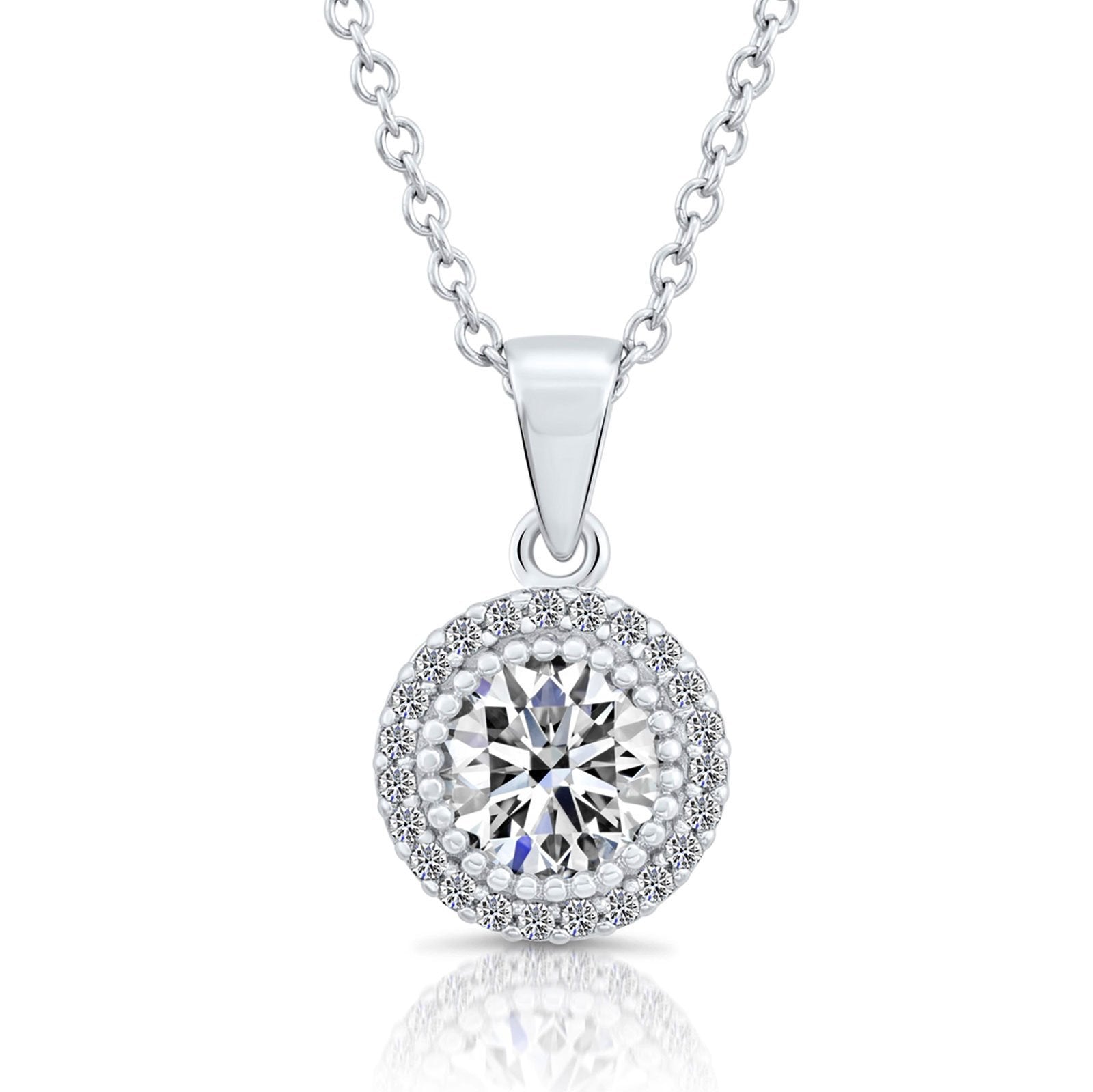 CZ Round Solitaire Halo Charm Necklace in Sterling Silver