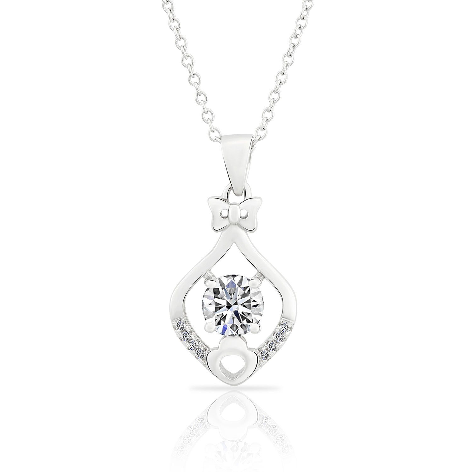 CZ Solitaire Bow Charm Necklace in Sterling Silver
