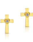 10k Yellow Gold Cross & Heart Stud Earrings with Center Stone