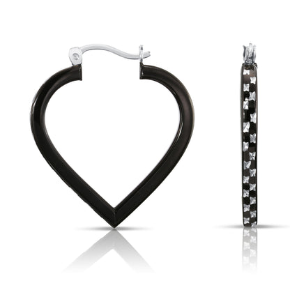 Sterling Silver Fancy Glossy Black Diamond-cut Heart Hoop Earrings