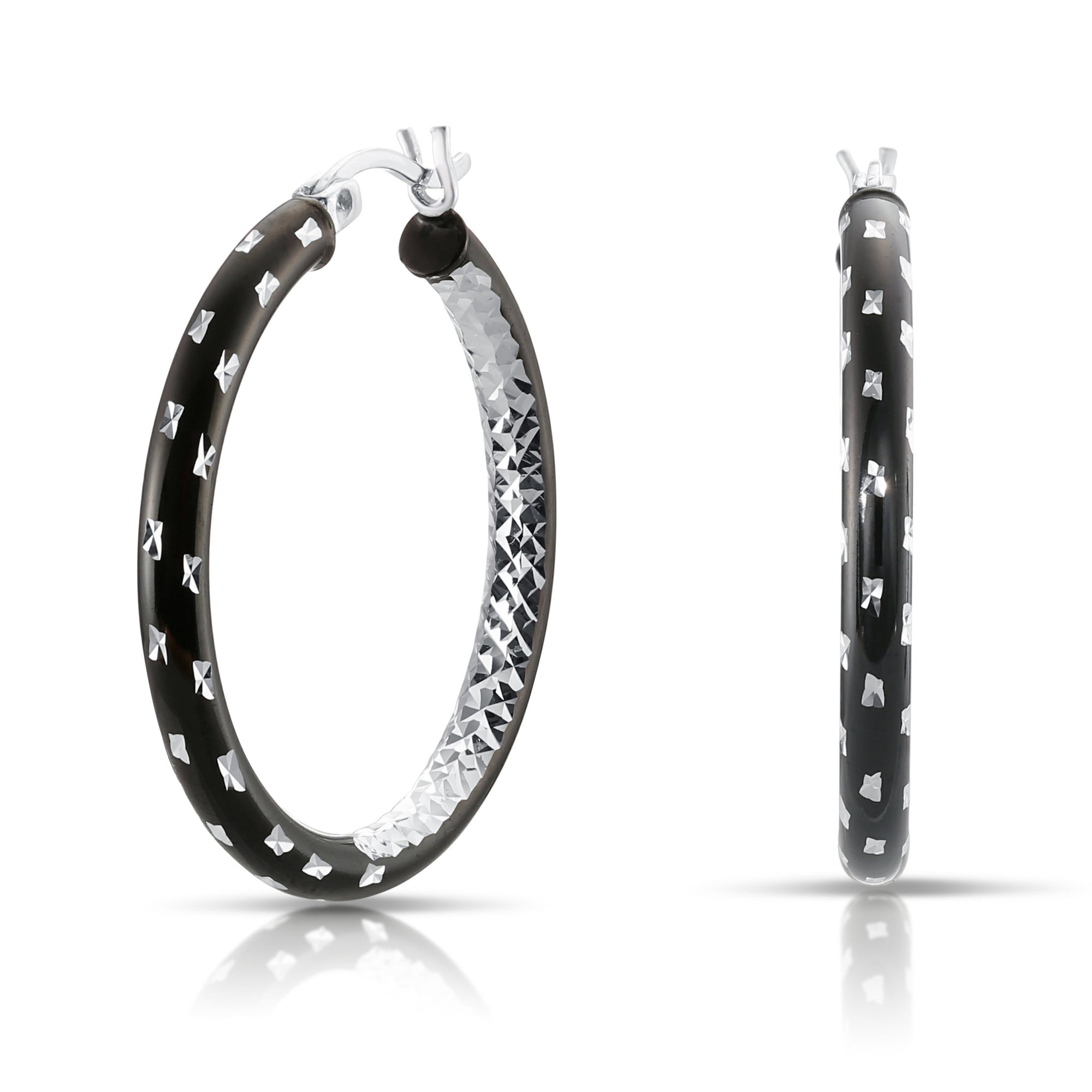 Glossy Black Diamond Cut Hoop Earrings in Sterling Silver