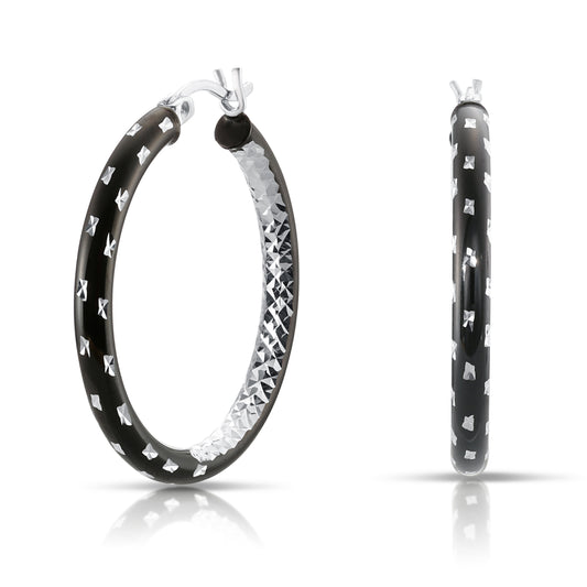 Sterling Silver Glossy Black Diamond Cut Hoop Earrings