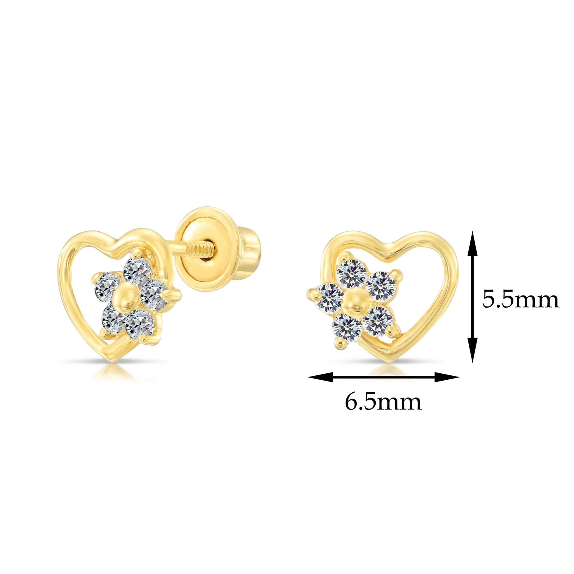 10K Yellow Gold Heart and Flower Stud Earrings