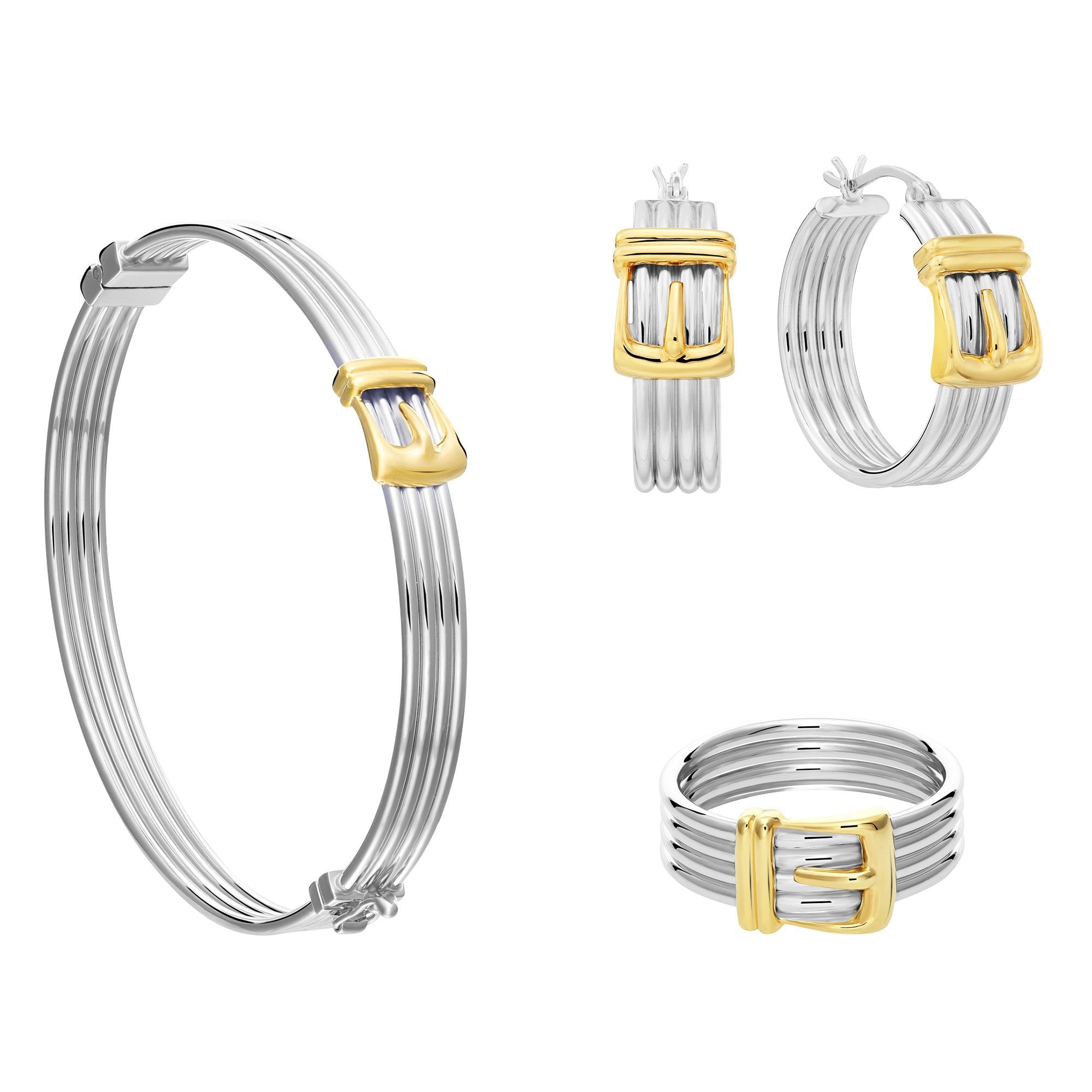 Sterling Silver Fancy Two-tone Hinged Buckle Style Set