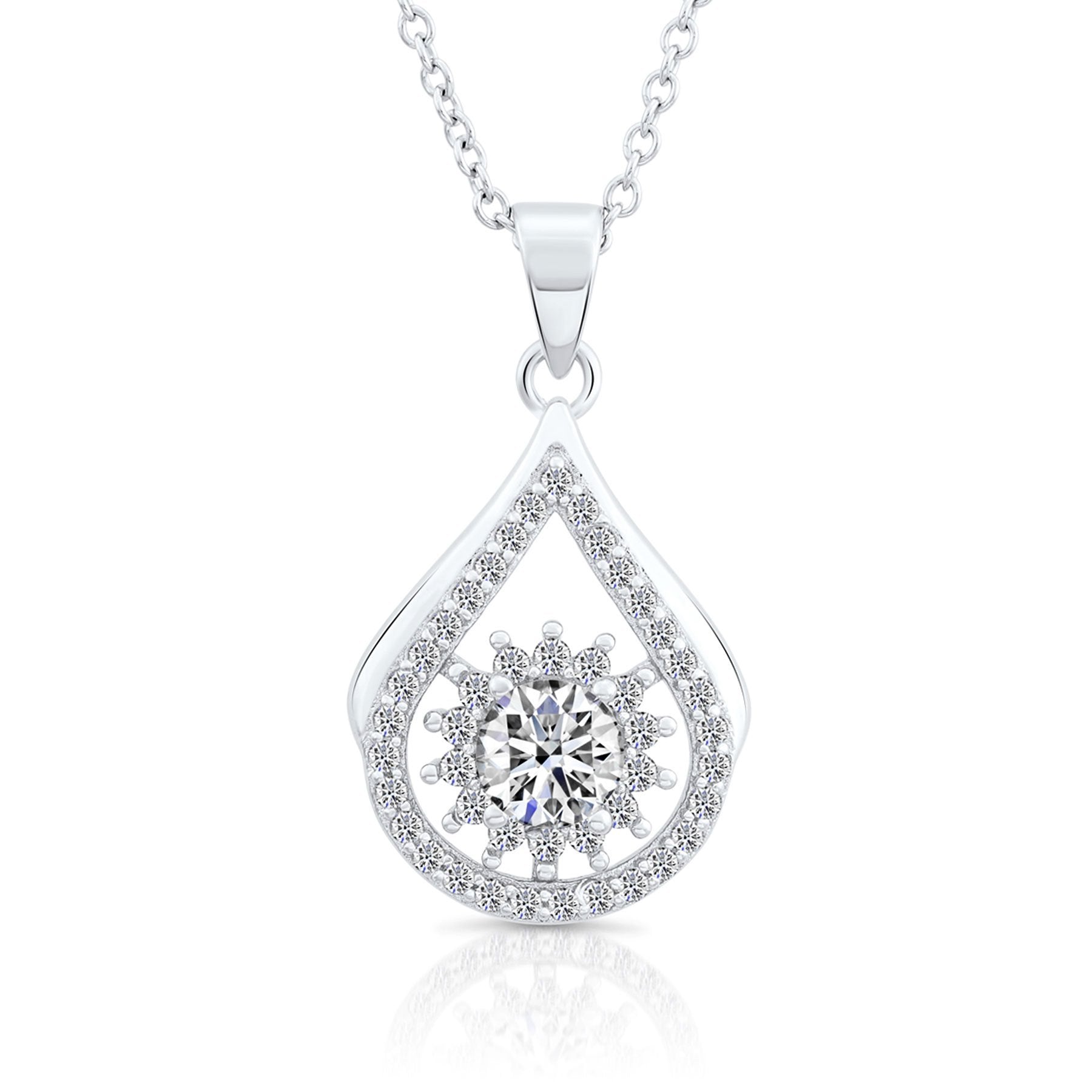 CZ Solitaire Teardrop Sunflower Charm Necklace in Sterling Silver