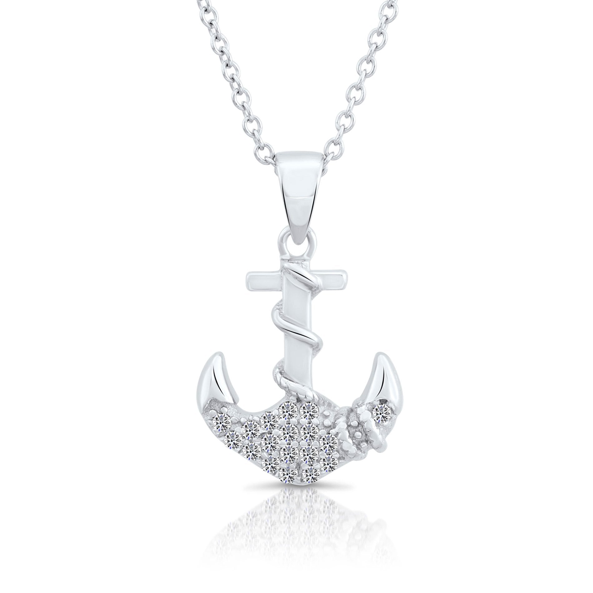 CZ Anchor Charm Necklace in Sterling Silver