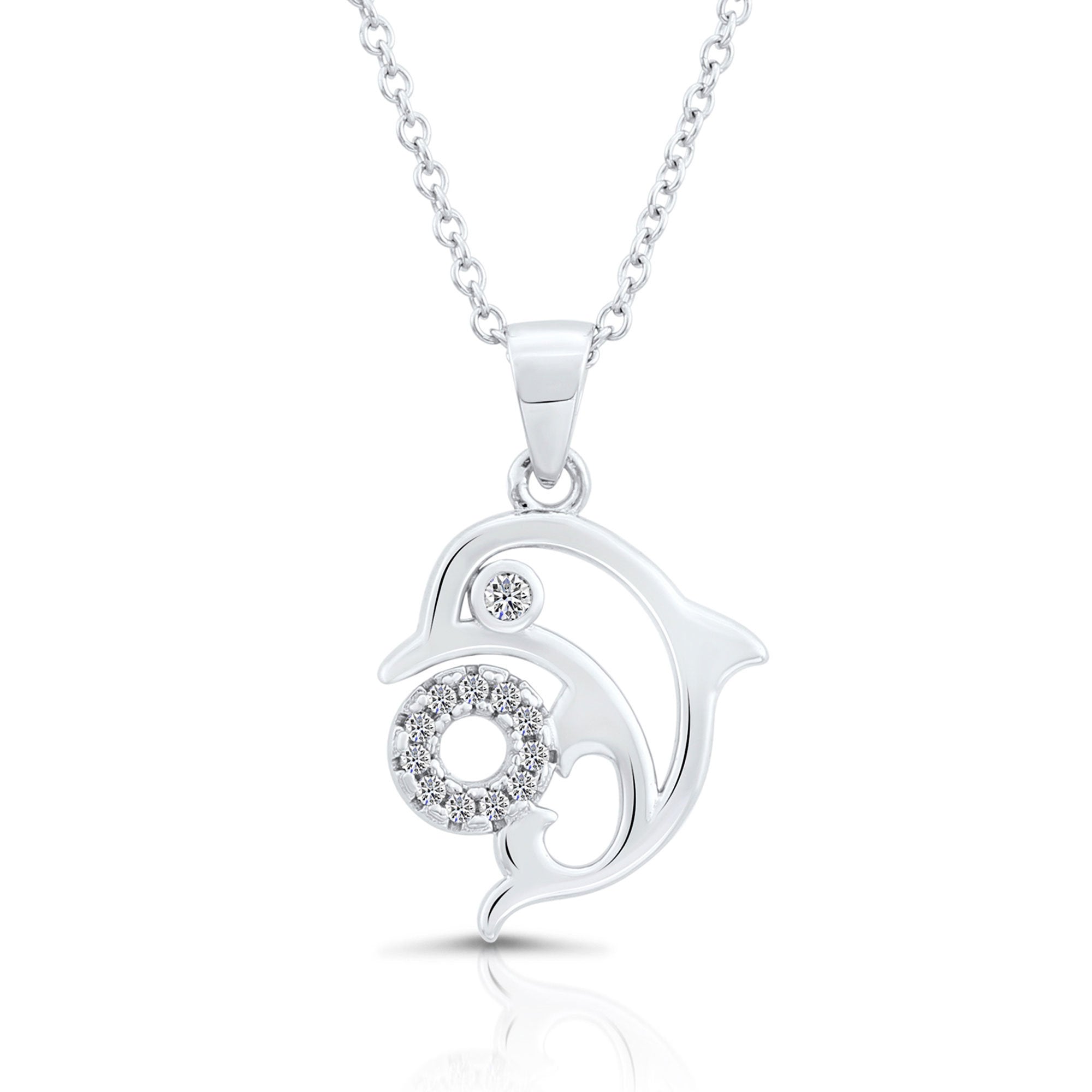 CZ Jumping Dolphin Charm Necklace in Sterling Silver