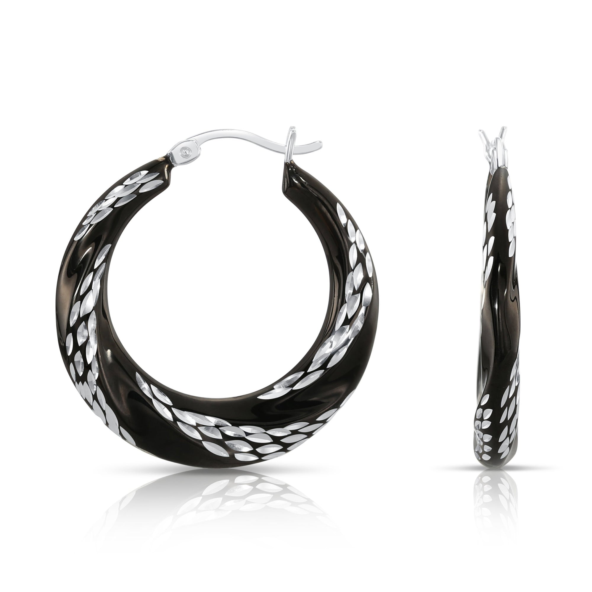 Glossy Black Spiral Diamond Cut Hoop Earrings in Sterling Silver