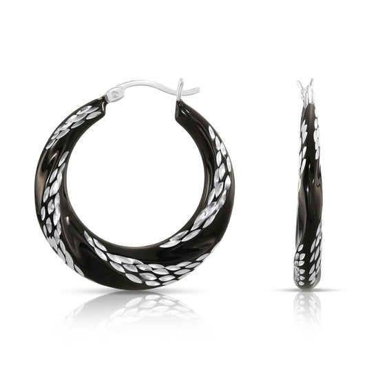 Sterling Silver Glossy Black Spiral Diamond Cut Hoop Earrings