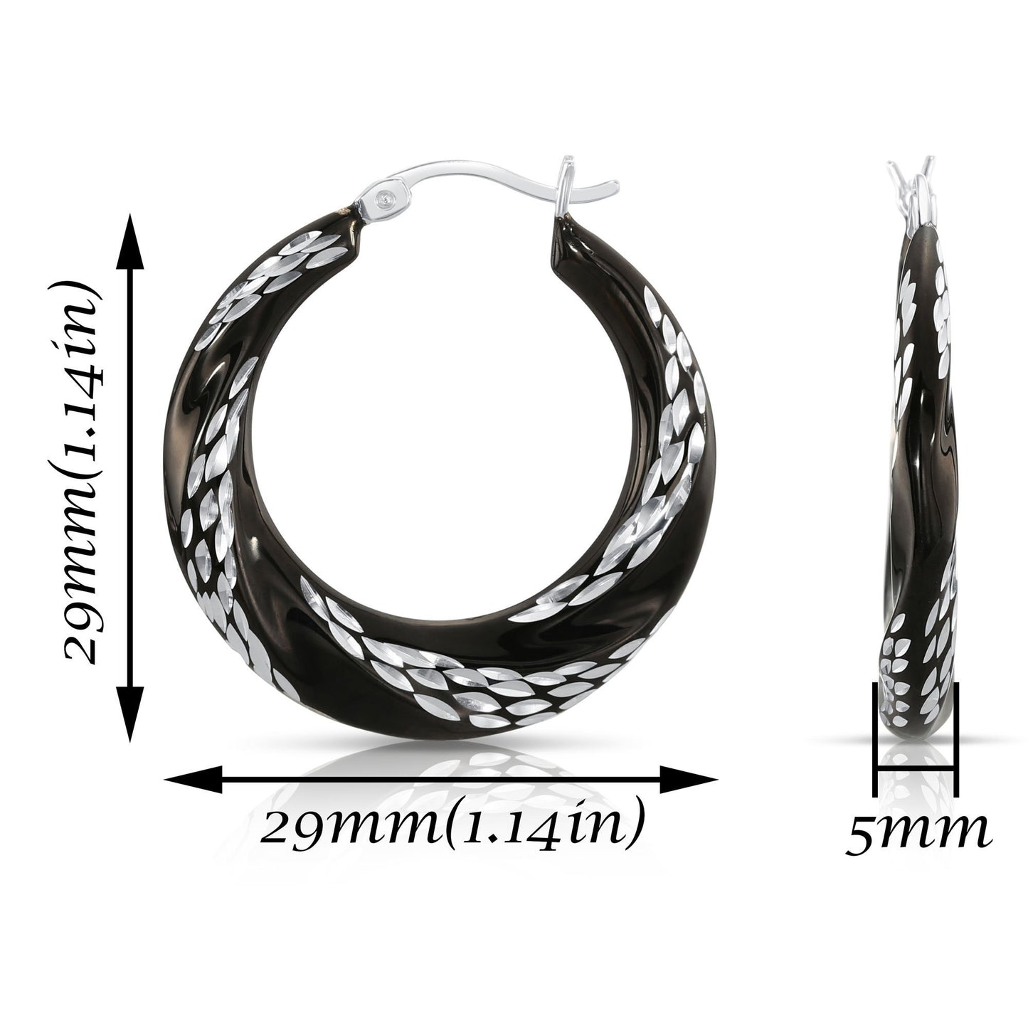 Sterling Silver Glossy Black Spiral Diamond Cut Hoop Earrings