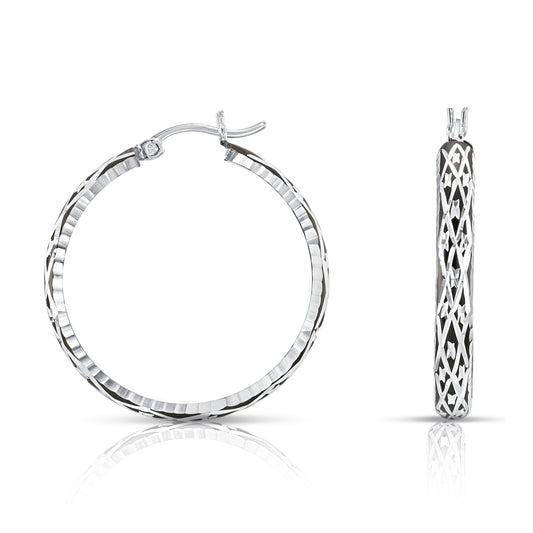 Sterling Silver Glossy Black Hoop Earrings, 30mm