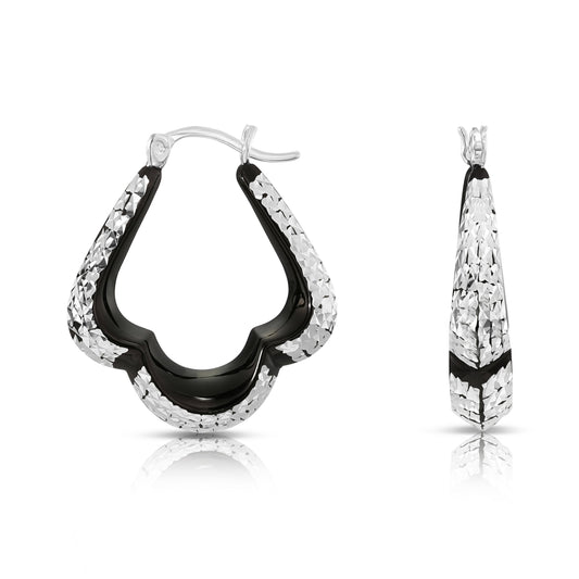 Sterling Silver Glossy Black Three Point Diamond Cut Hoop Earrings