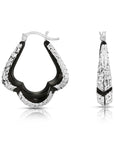 Glossy Black Three Point Diamond Cut Hoop Earrings in Sterling Silver