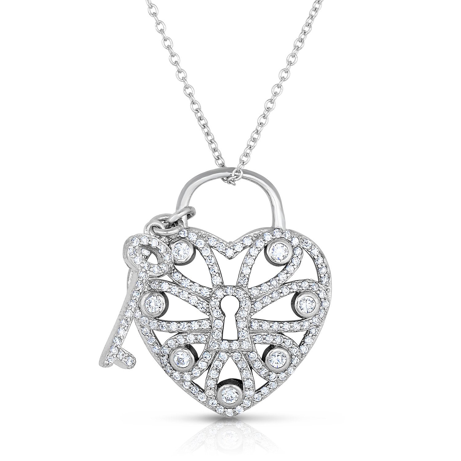 CZ Key to My Heart Charm Necklace in Sterling Silver
