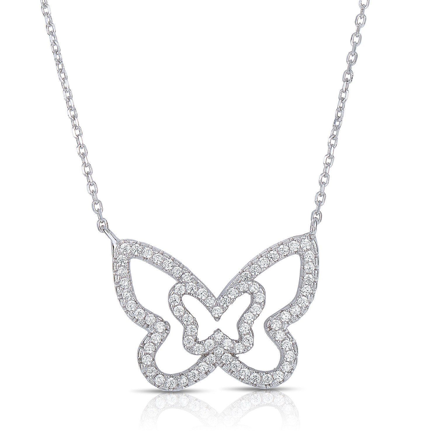 CZ Double Butterfly Necklace, Adjustable in Sterling Silver
