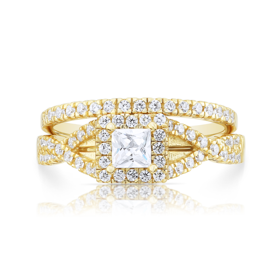 CZ Princess Engagement Ring Set, Gold Plated in Sterling Silver