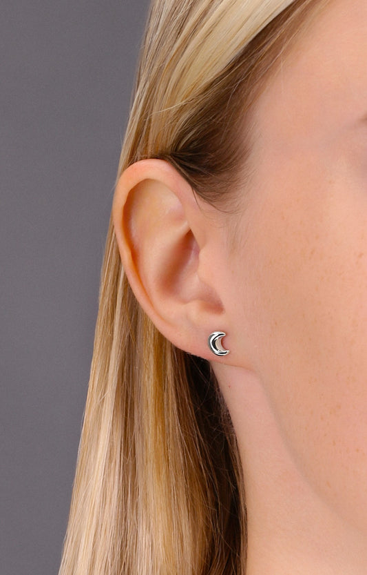 Plain Moon Shape Stud Earrings in Sterling Silver