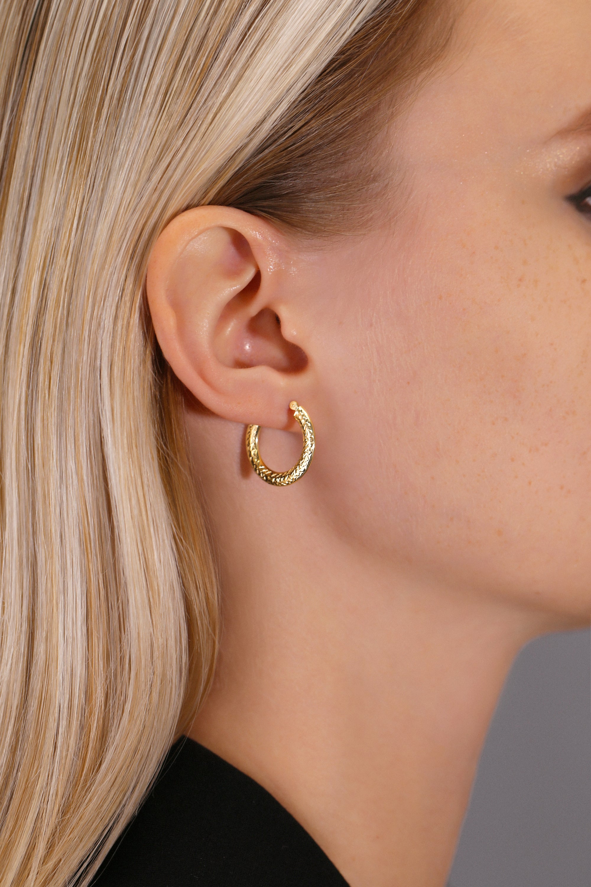 14K Yellow Gold Diamond Cut Flat Hoop Earrings