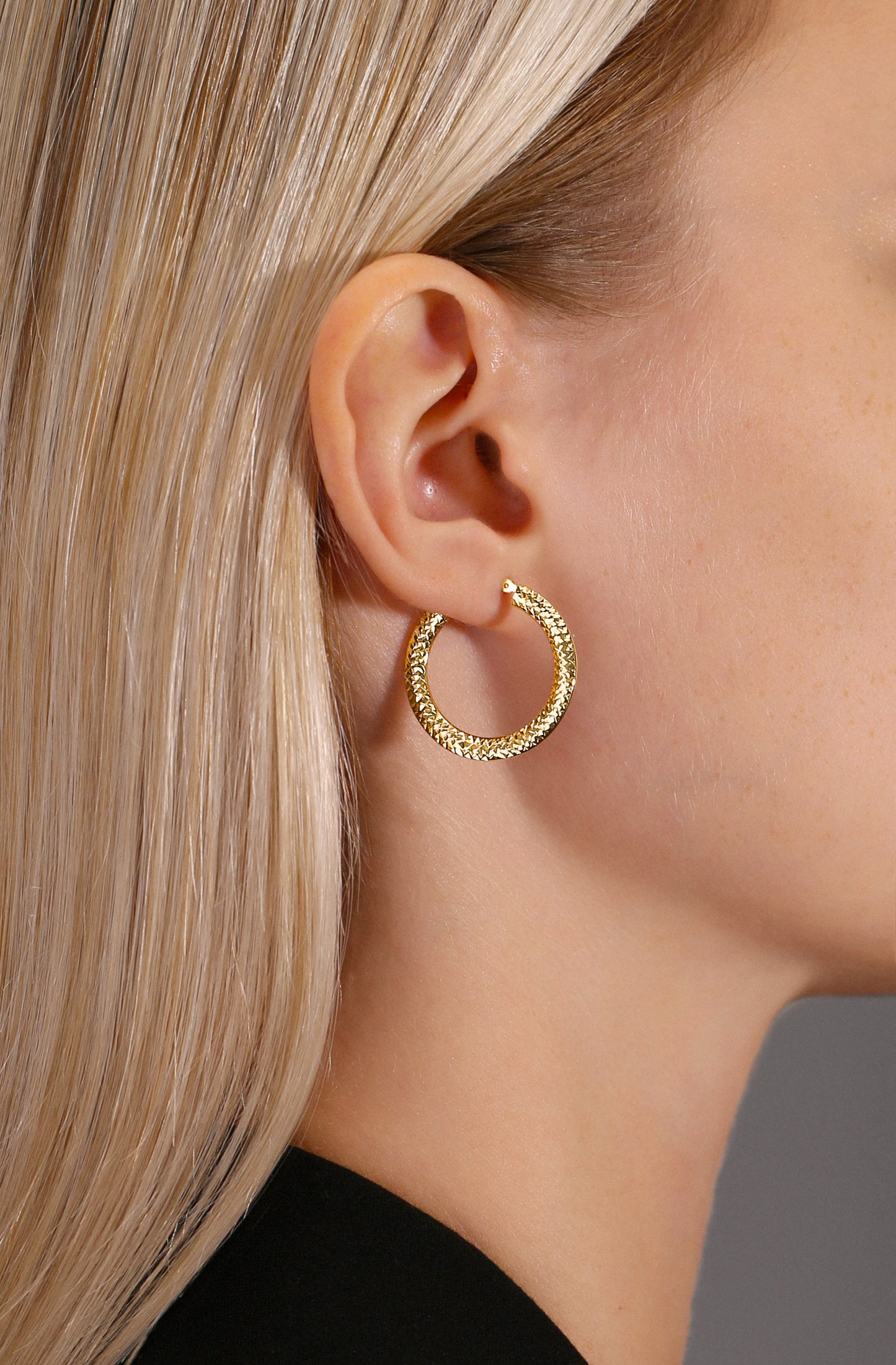 14K Yellow Gold Diamond Cut Flat Hoop Earrings